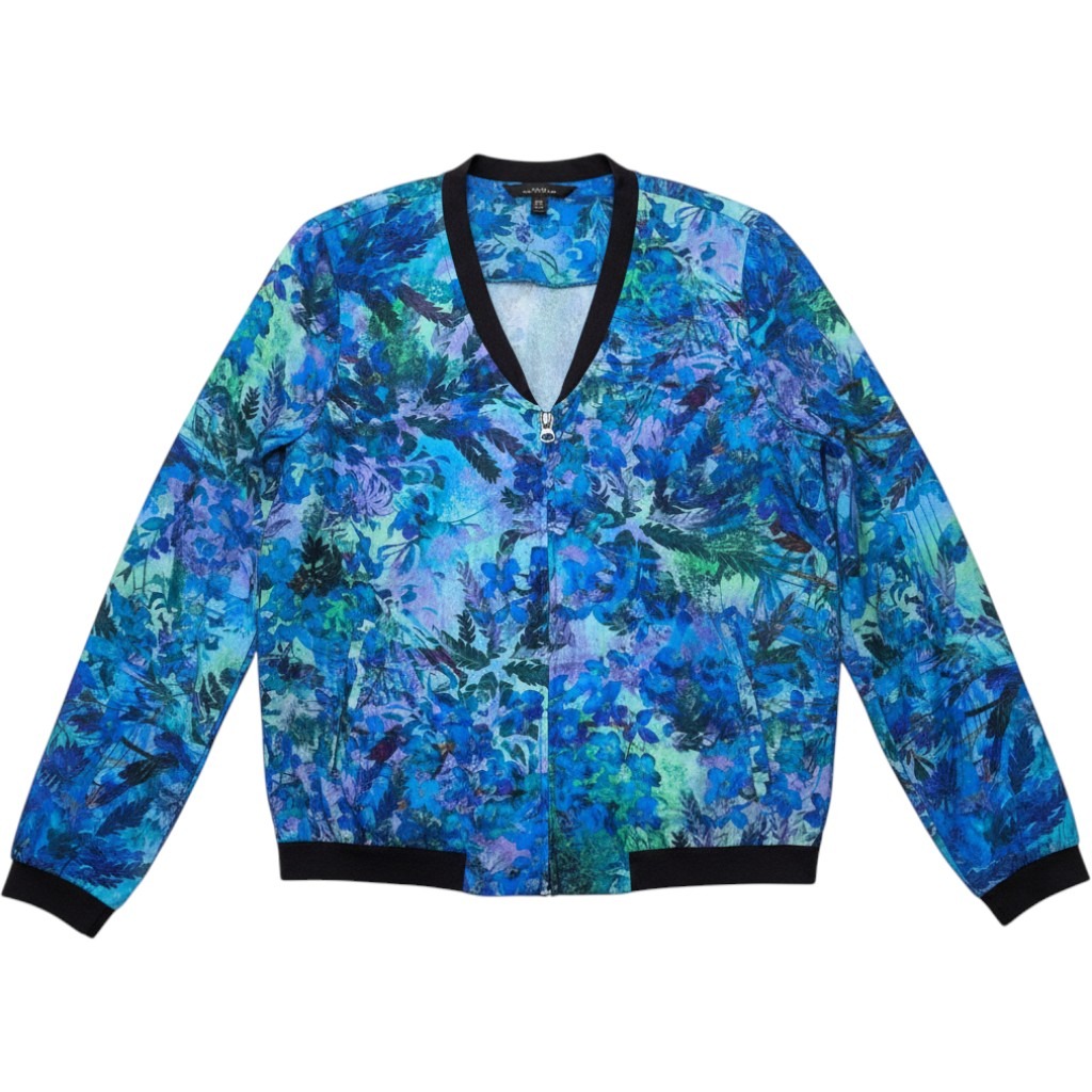 Hinge Blue Floral Zip Jacket Blouse Women S Lightweight Artsy Boho Y2k Chic